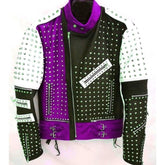 Men's Multicolor Bikers Jacket, Silver Studded Gothic Jacket, Conical Studs Adjustable Belted Jacket, Button Tab Collar Motorcycle Jacket,